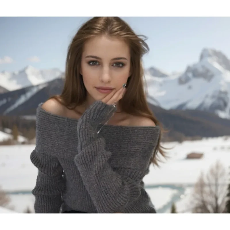 Elegant Off-Shoulder Women's Slim Fit Sweater with Collarbone-Enhancing Neckline - Image 7