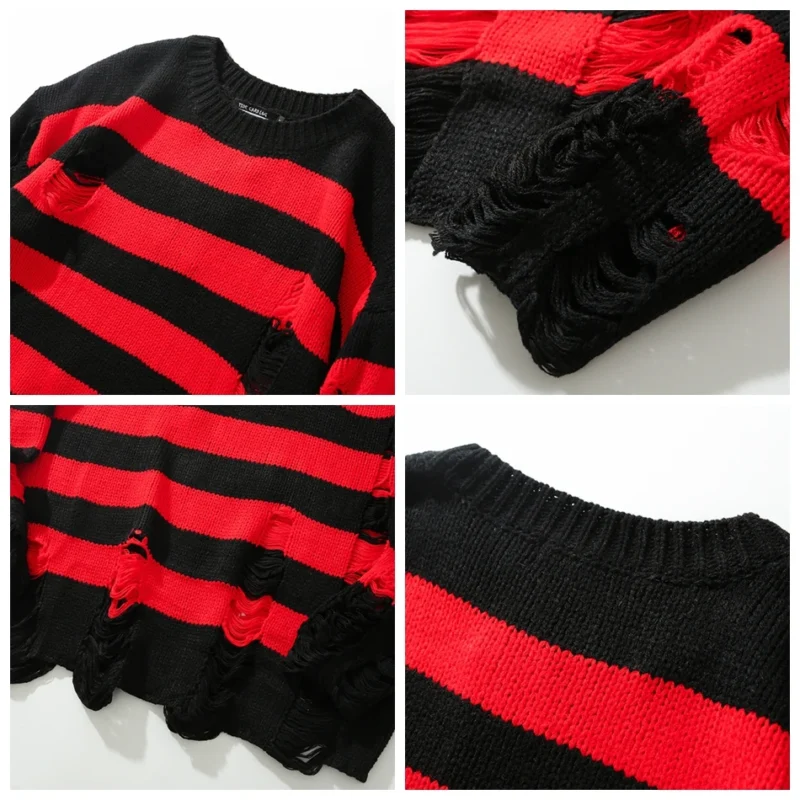 Distressed Punk Men's Striped Knit Pullover Sweater with Tassel Detail - Image 6