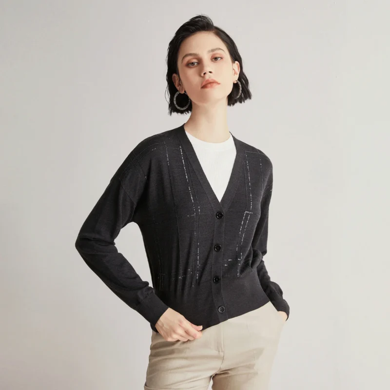 Luxury V-Neck Women's Wool-Silk Cardigan Sweater with Sequin Beading - Image 4