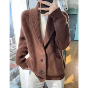 Premium V-Neck Women's 100% Wool Cardigan Sweater with Thick Winter Warmth