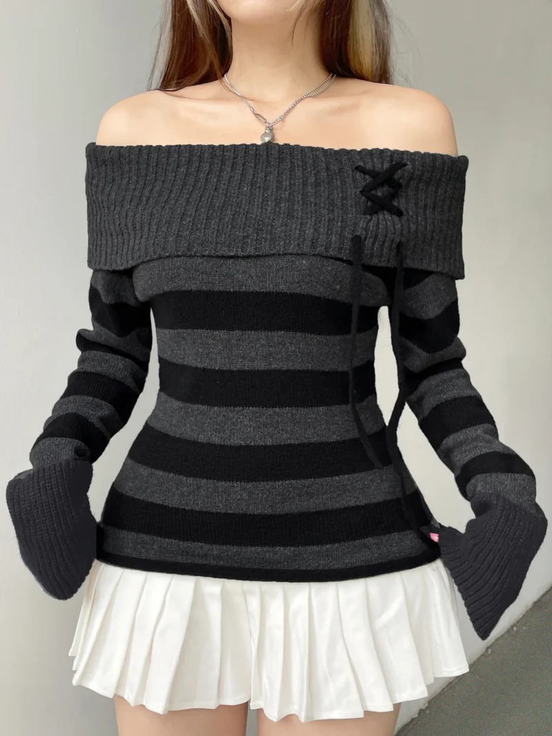 Slim Fit Women's Off-Shoulder Striped Knit Sweater with Lace-Up Detail