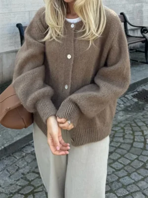 Luxurious Fuzzy Women's Button-Down Cardigan Sweater with Long Sleeves