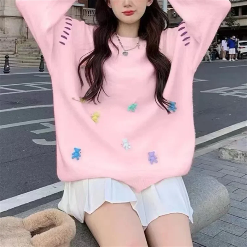 Cute Bear Embroidery Women's Loose Knit Sweater for Autumn & Winter - Image 9