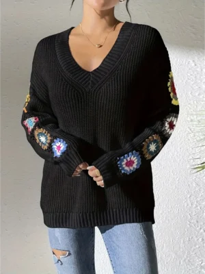 Embroidered Floral Women's V-Neck Loose Acrylic Sweater with Decorative Cuffs