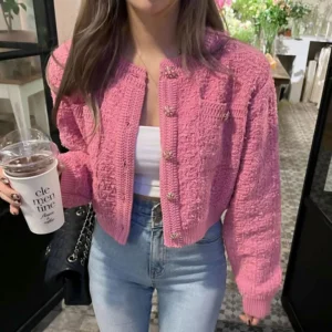 Elegant Cropped Women's Round Neck Cardigan with Decorative Buttons