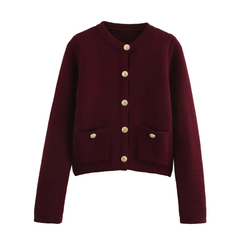 Classic O-Neck Women's Button Decorated Cardigan Sweater with Pockets - Image 7
