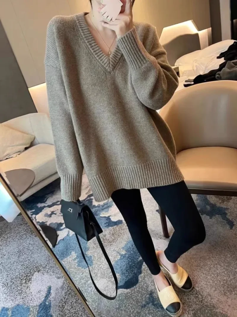 Luxury Oversized Women's 100% Pure Cashmere V-Neck Pullover Sweater - Image 4