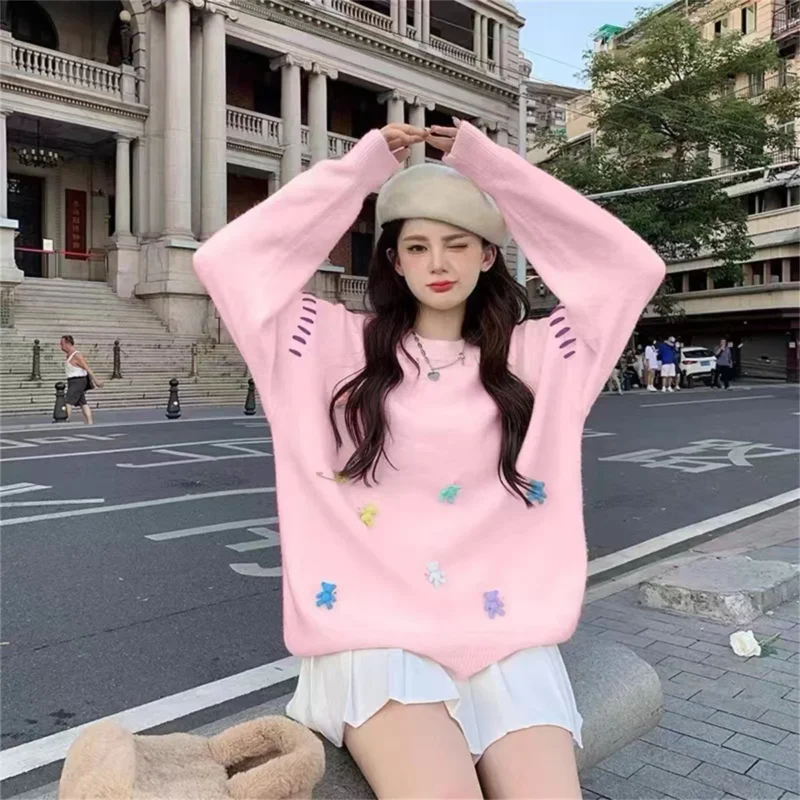 Cute Bear Embroidery Women's Loose Knit Sweater for Autumn & Winter - Image 6