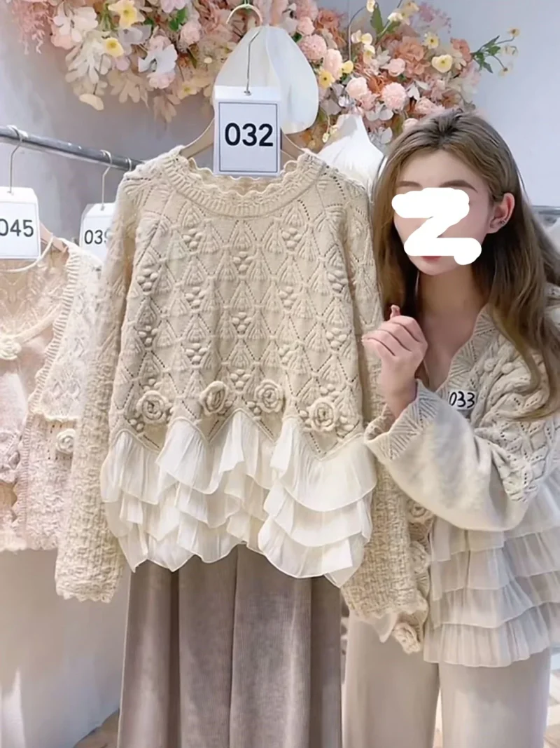 Elegant Women's 3D Flower Knit Pullover with Ruffle Detail - Image 5