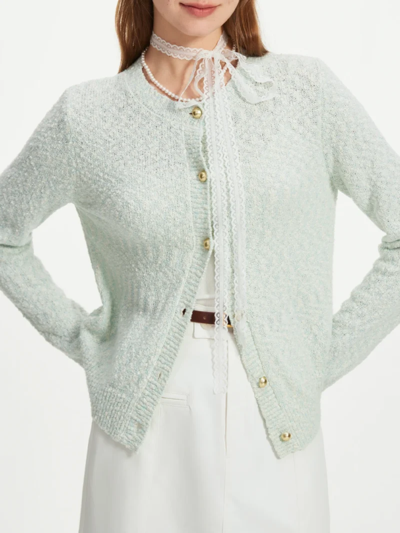 Elegant French Style Women's Knitted Floral Cardigan with Round Neck - Image 2
