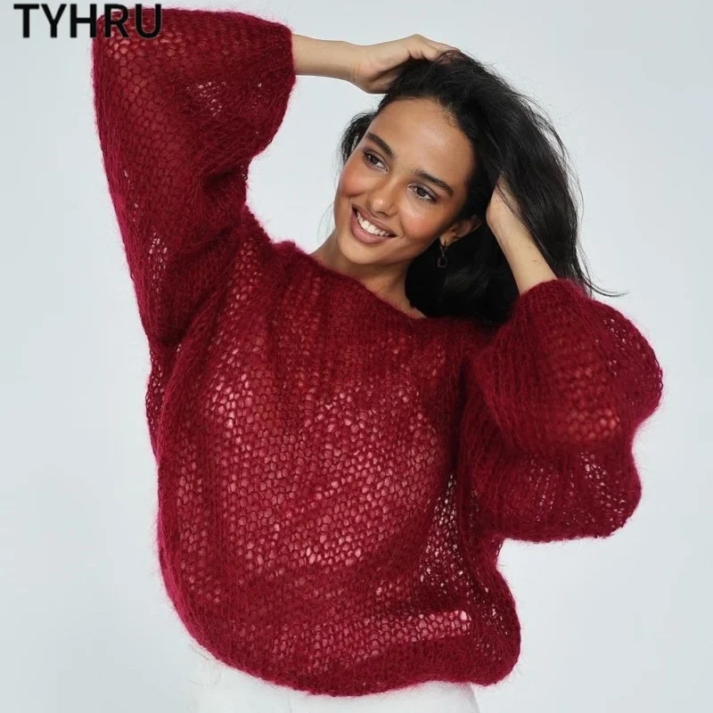 Elegant Women's Mesh Knit Pullover Sweater with Lantern Sleeves - Image 7
