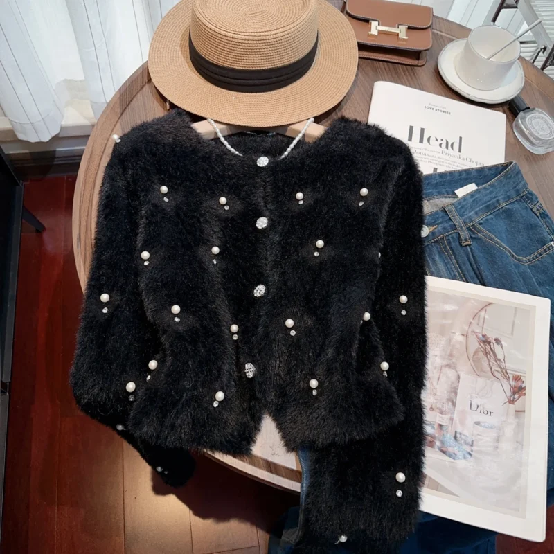 Elegant Pearl-Embellished Women's Knit Cardigan Sweater with Lantern Sleeves - Image 4