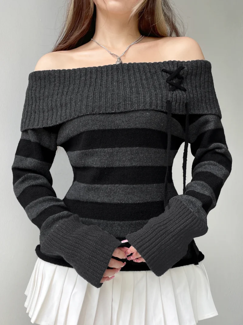 Slim Fit Women's Off-Shoulder Striped Knit Sweater with Lace-Up Detail - Image 2