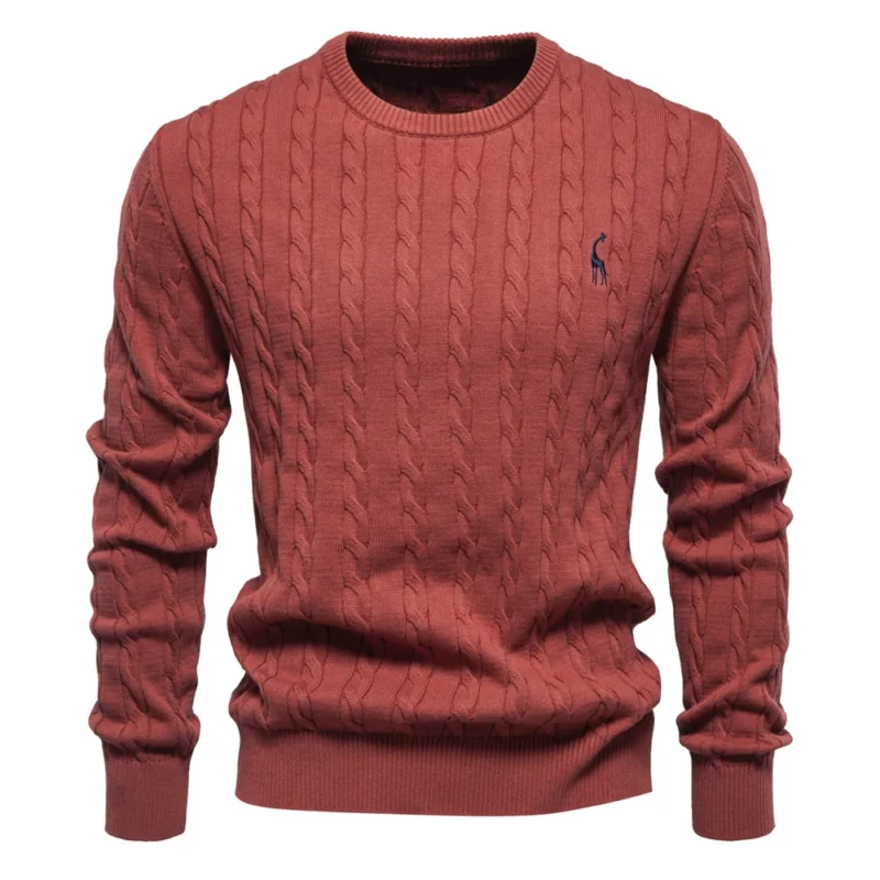Classic Men's Cotton Giraffe Embroidery Pullover Sweater with Twist Pattern - Image 12