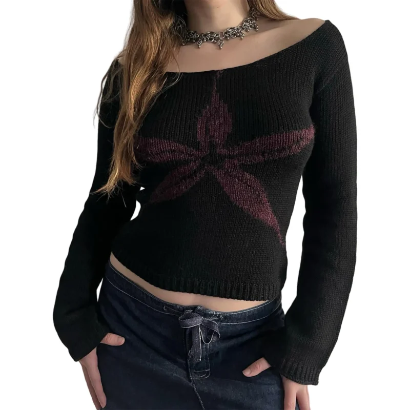 Retro Off-Shoulder Women's Polyester Knit Sweater with Vintage Graphic Print - Image 7