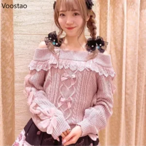 Vintage Off-Shoulder Women's Knitted Pullover with Lace Ruffles and Bow