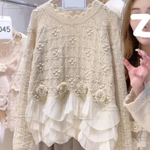 Elegant Women's 3D Flower Knit Pullover with Ruffle Detail