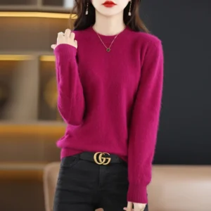 Luxury Round Neck Women's 100% Pure Cashmere Pullover Sweater with Relaxed Fit