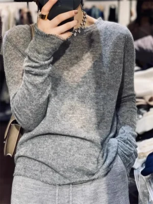 Elegant Round Neck Women's Pure Cashmere Fringe Sweater with Loose Fit