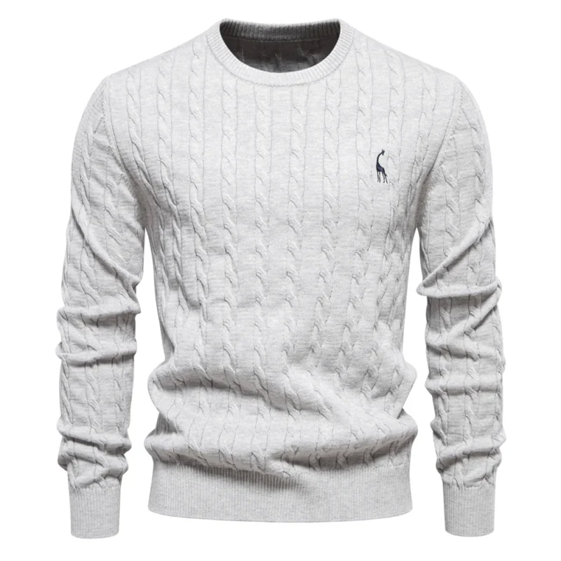 Classic Men's Cotton Giraffe Embroidery Pullover Sweater with Twist Pattern - Image 16