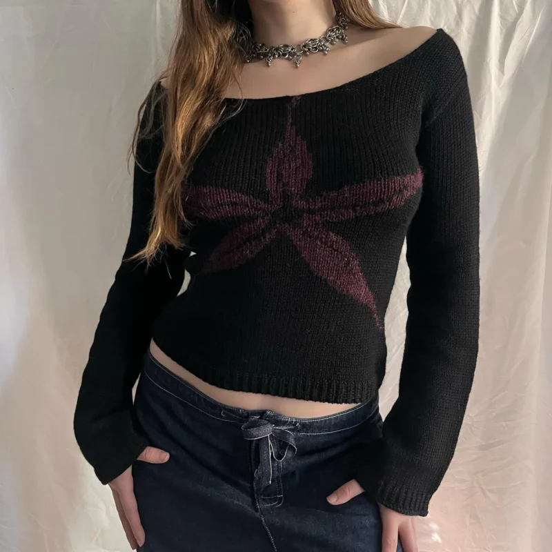 Retro Off-Shoulder Women's Polyester Knit Sweater with Vintage Graphic Print - Image 3