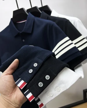 Premium Striped Cotton Polo Shirt Men's Short Sleeve Summer Casual Breathable Tee