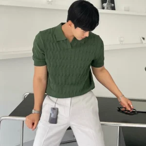 Premium Men's Knitted V-Neck Polo Shirt Slim Fit Breathable Short Sleeve