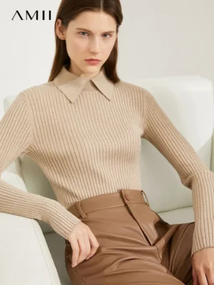 Elegant Slim Fit Women's Wool Blend Knitted Sweater with Lapel Collar