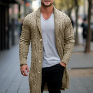 Premium Long Cardigan Men's Wool Blend Knit Jacket for Fall and Winter