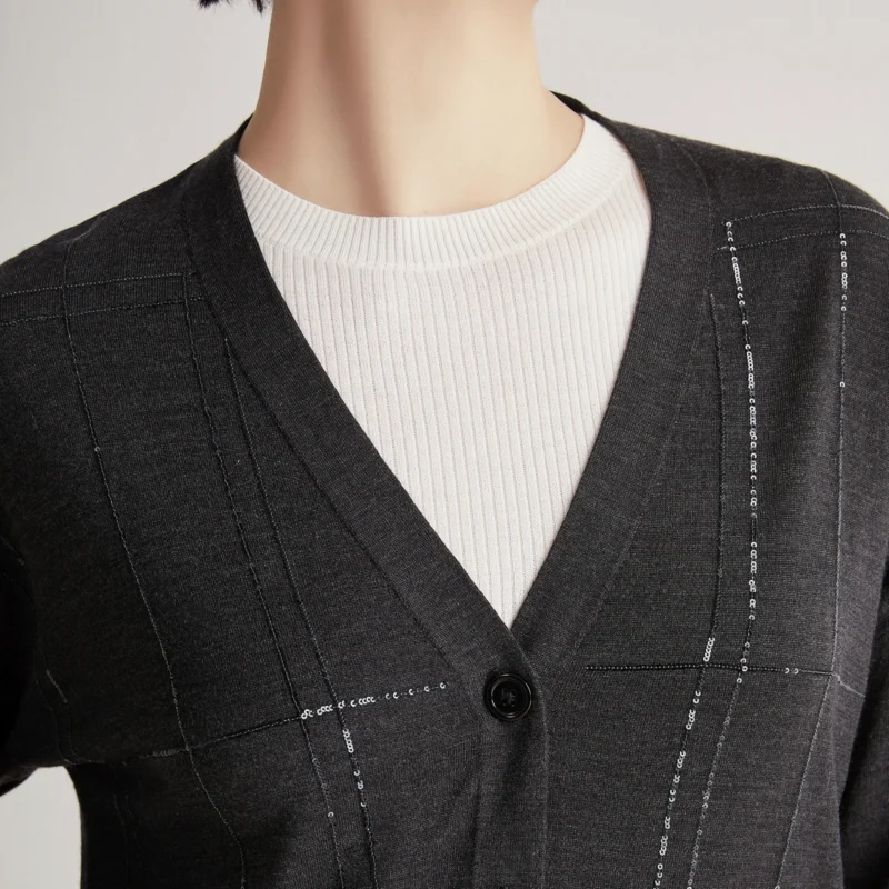 Luxury V-Neck Women's Wool-Silk Cardigan Sweater with Sequin Beading - Image 6