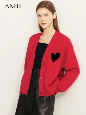 Elegant V-Neck Women's Wool Blend Loose Cardigan with Embroidery Detail