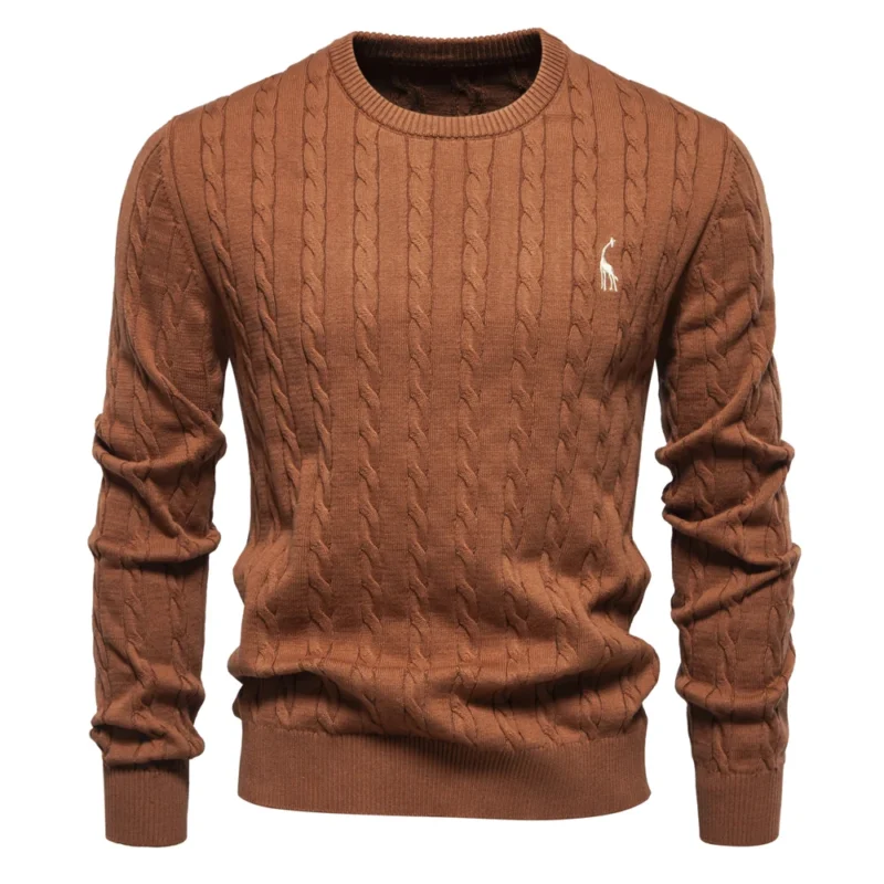 Classic Men's Cotton Giraffe Embroidery Pullover Sweater with Twist Pattern - Image 13