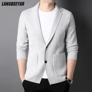 Premium Wool-Blend Men's Knit Cardigan Sweater Jacket with Classic Collar