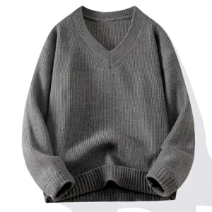 Classic Men's V-Neck Wool Blend Pullover Sweater with Ribbed Detail