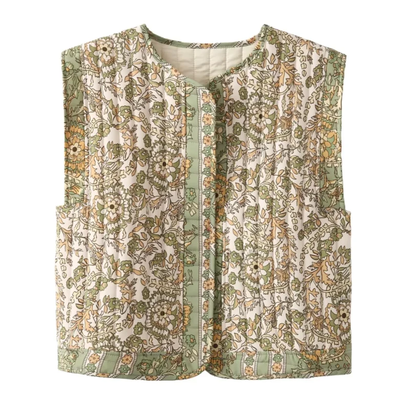 Boho Printed Women's Lightweight Quilted Vest with O-Neck Design - Image 9