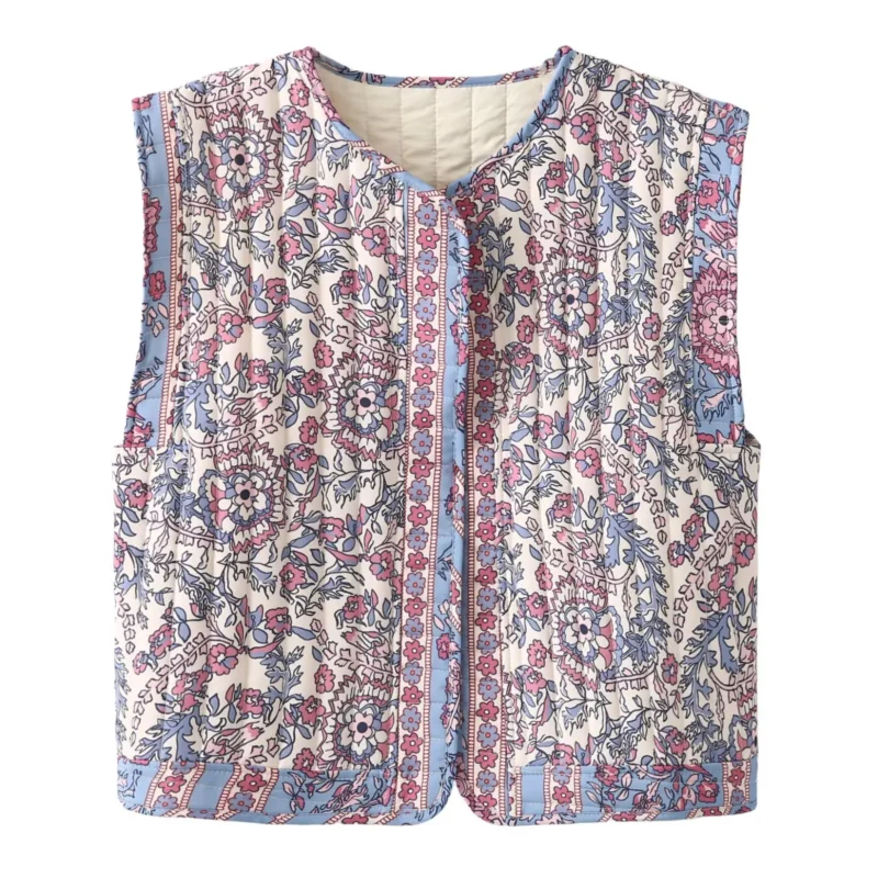 Boho Printed Women's Lightweight Quilted Vest with O-Neck Design - Image 8