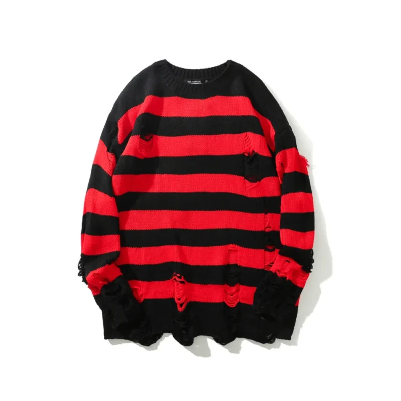 Distressed Punk Men's Striped Knit Pullover Sweater with Tassel Detail - Image 4