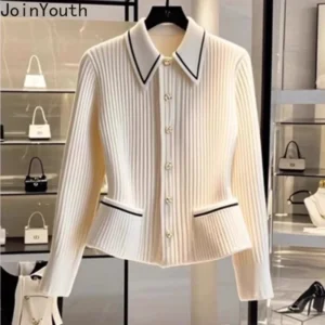 Classic Women's Cotton-Blend Knitted Cardigan with Turn-Down Collar for All Seasons