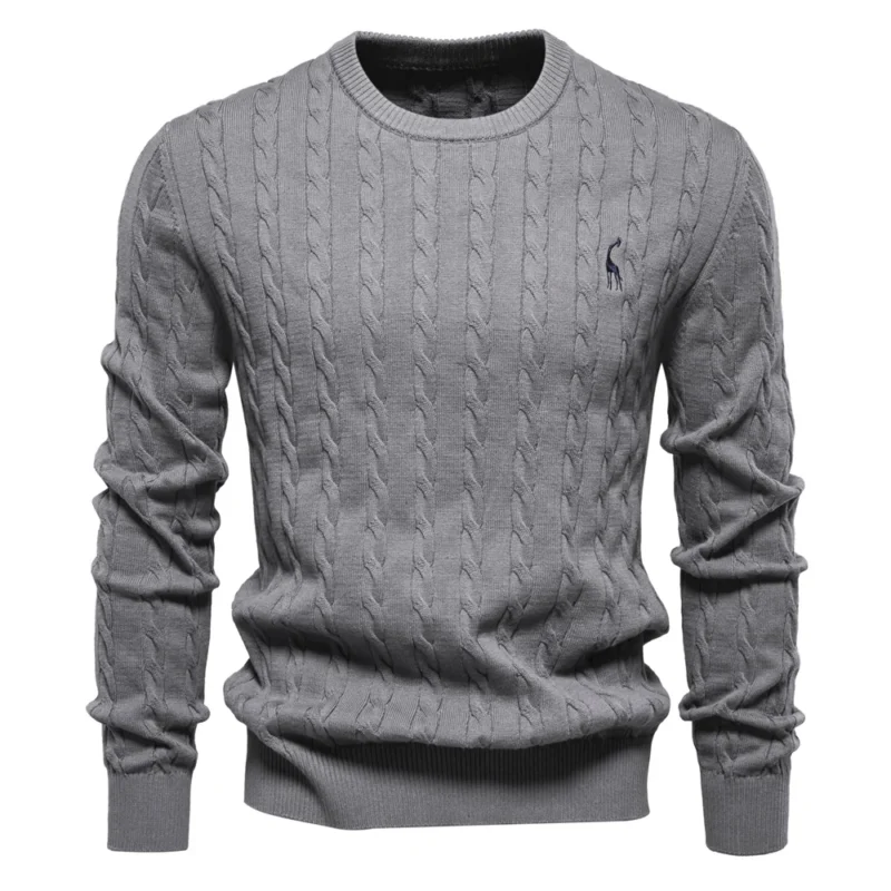 Classic Men's Cotton Giraffe Embroidery Pullover Sweater with Twist Pattern - Image 8