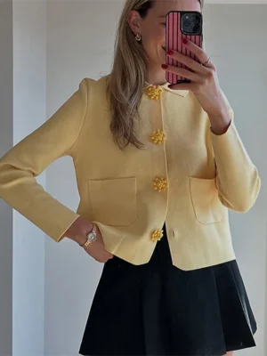 Elegant Yellow Floral Women's Knitted Cardigan Sweater with Turn-down Collar
