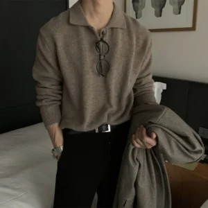 Classic Men's Korean Style Viscose Polo Neck Pullover Sweater with Luxury Knit Detail