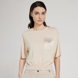 Elegant Women's Wool-Silk Blend Short Sleeve Pullover Sweater with Zipper Detail