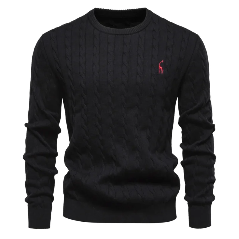 Classic Men's Cotton Giraffe Embroidery Pullover Sweater with Twist Pattern - Image 9