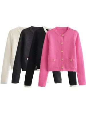 Elegant Polyester Button-Front Cardigan Sweater with Patch Pockets for Women