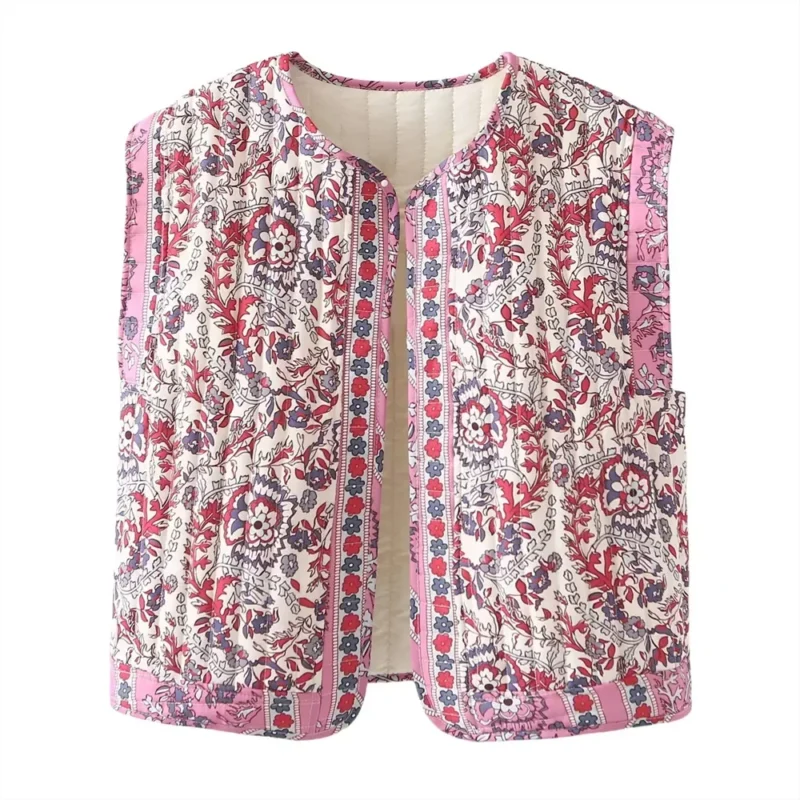 Boho Printed Women's Lightweight Quilted Vest with O-Neck Design