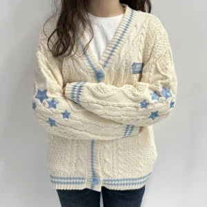Vintage V-Neck Women's Cotton Blend Knitted Cardigan with Star Embroidery
