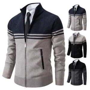 Classic Men's Fleece-Lined Striped Cardigan Sweater with Stand Collar