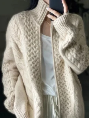 Premium Thick Turtleneck Women's 100% Wool Zip Cardigan for Winter Comfort