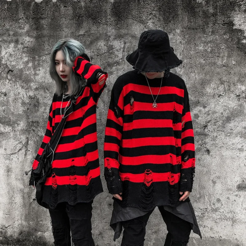 Distressed Punk Men's Striped Knit Pullover Sweater with Tassel Detail - Image 3