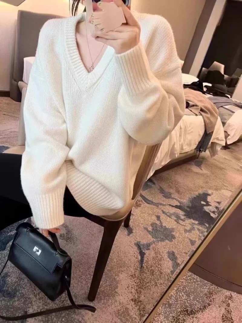 Luxury Oversized Women's 100% Pure Cashmere V-Neck Pullover Sweater - Image 8